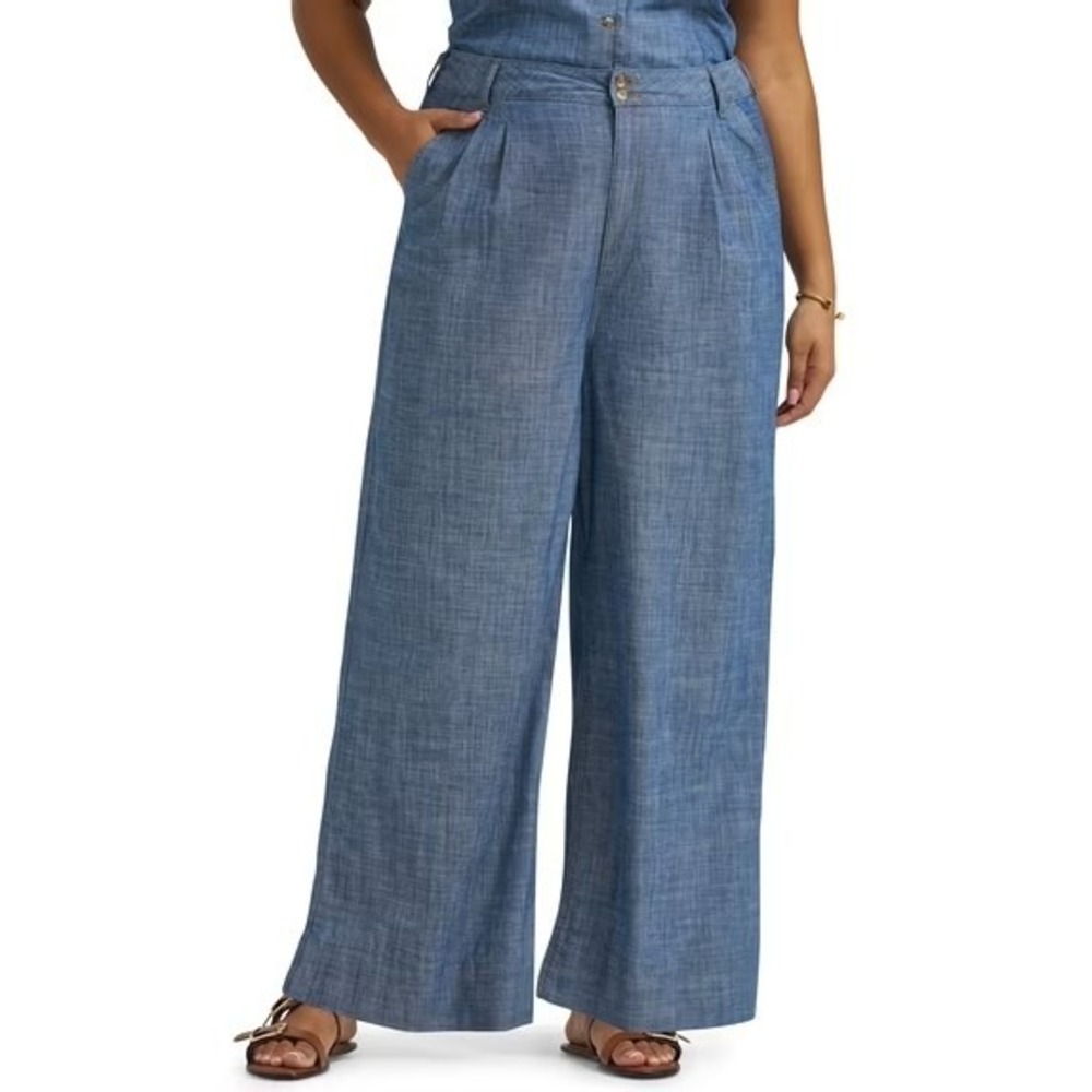 LEE Wide Leg Loose Fit Pleated Trouser Pants 24W Indigo Prep Chambray Denim NWT